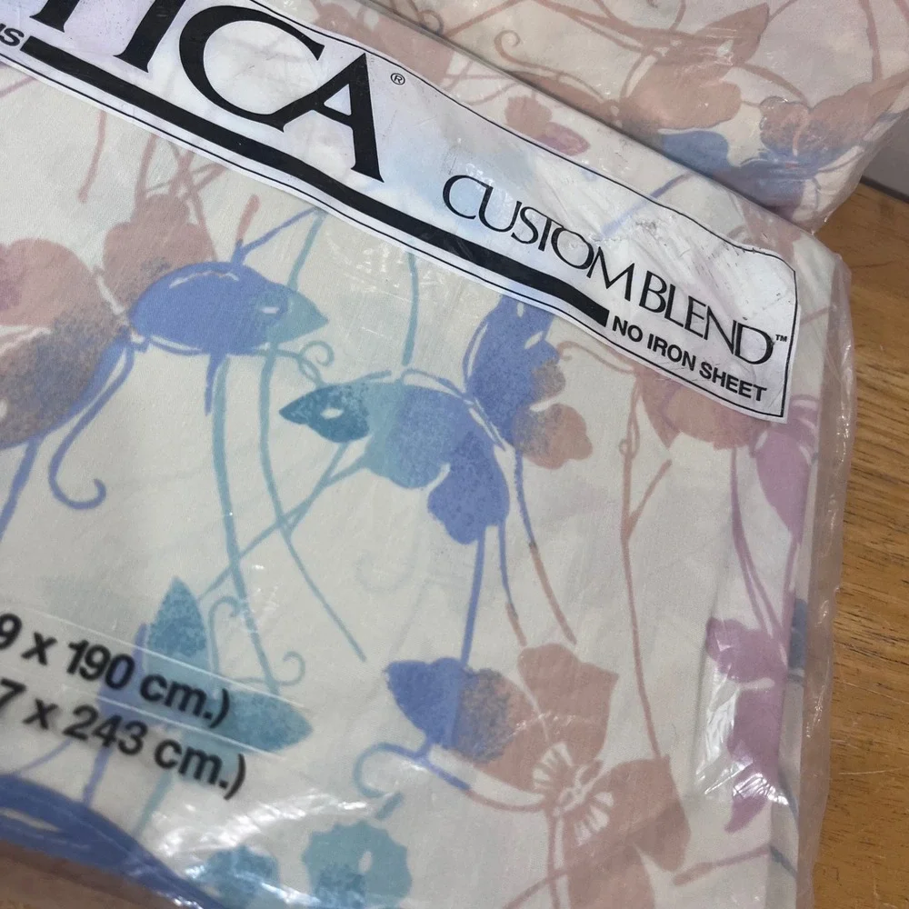 Vtg Utica J.P. Stevens Twin Sheet Set Butterfly Breeze Blue Purple Cream NOS